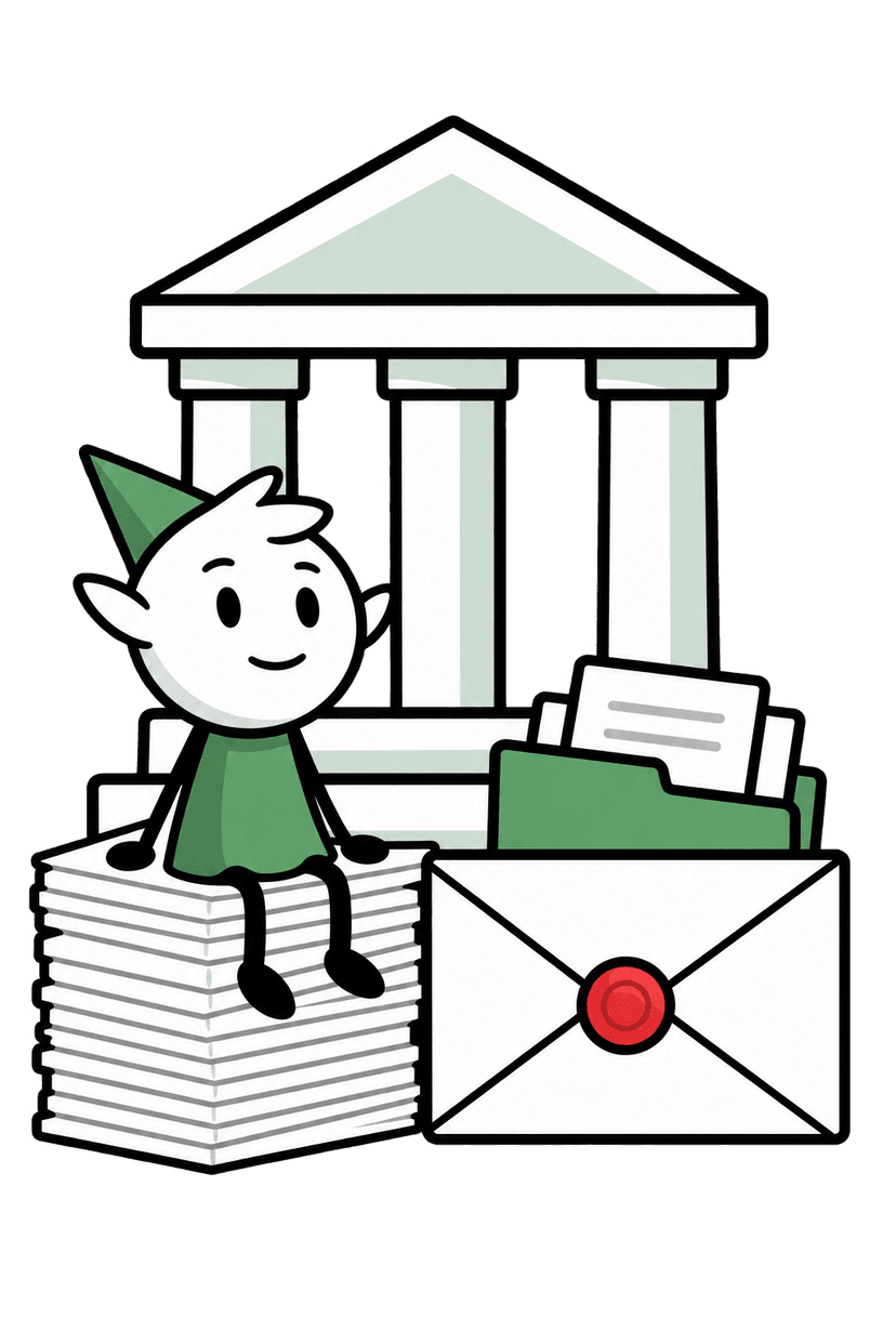Honest Elf mascot holding a court filing envelope